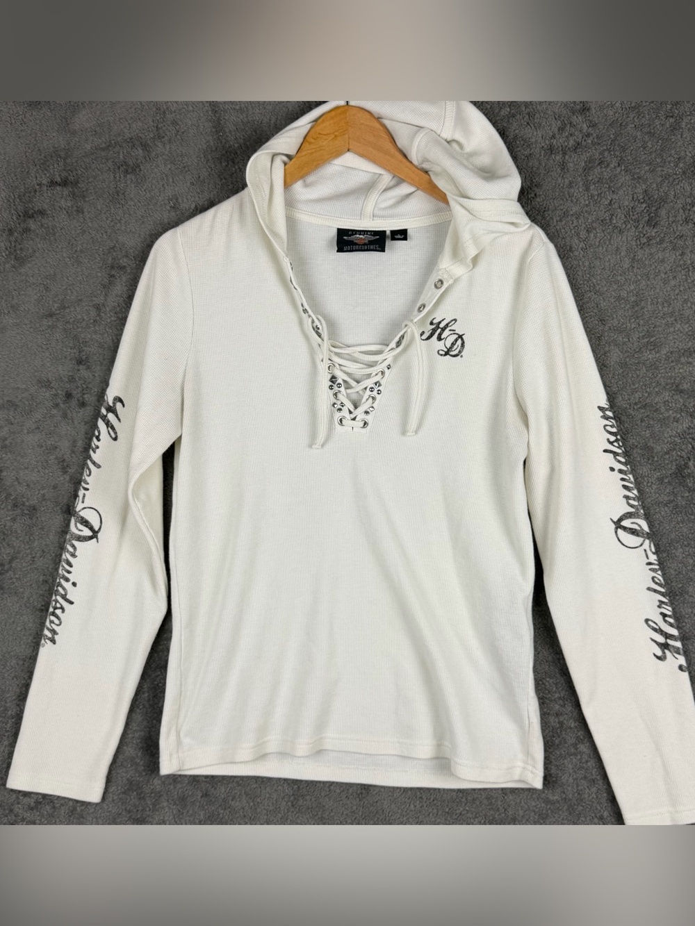 Harley Davidson White Cream Waffle Lace Up Skull Thermal Hoodie Women's Large - Picture 2 of 15